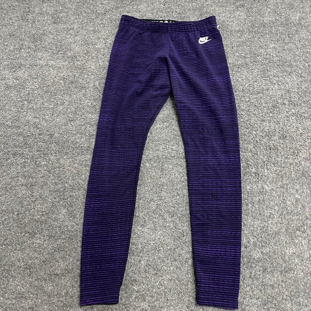 Nike Leggings Womens Size M Purple Striped Slim Fit Athletic Stretchy Logo Good
